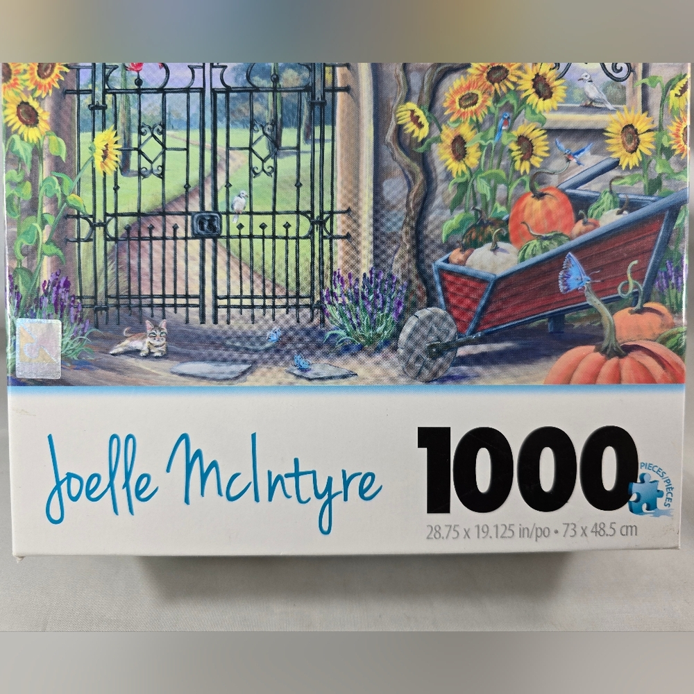 Fall Garden Gate Joelle McIntyre Jigsaw Puzzle 1000 Piece New Cat Birds Flowers - Picture 3 of 9